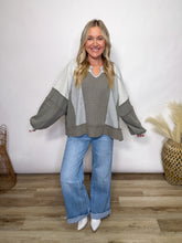 POL Grey Mixed Fabric Notched Neck Long Sleeve Oversized Knit Top
