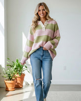 Pink + Sage Green Wide Stripe Oversized Sweater