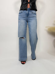 Wide Leg Comfort Stretch Distressed Jeans Love Talk by Flying Monkey