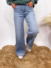Poprock Raw Hem Clean Cut Wide Leg Comfort Stretch Jeans by Vervet by Flying Monkey