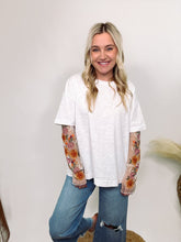 White Oversized Tee with Layered Sheer Embroidered Floral Lace Mesh Sleeves
