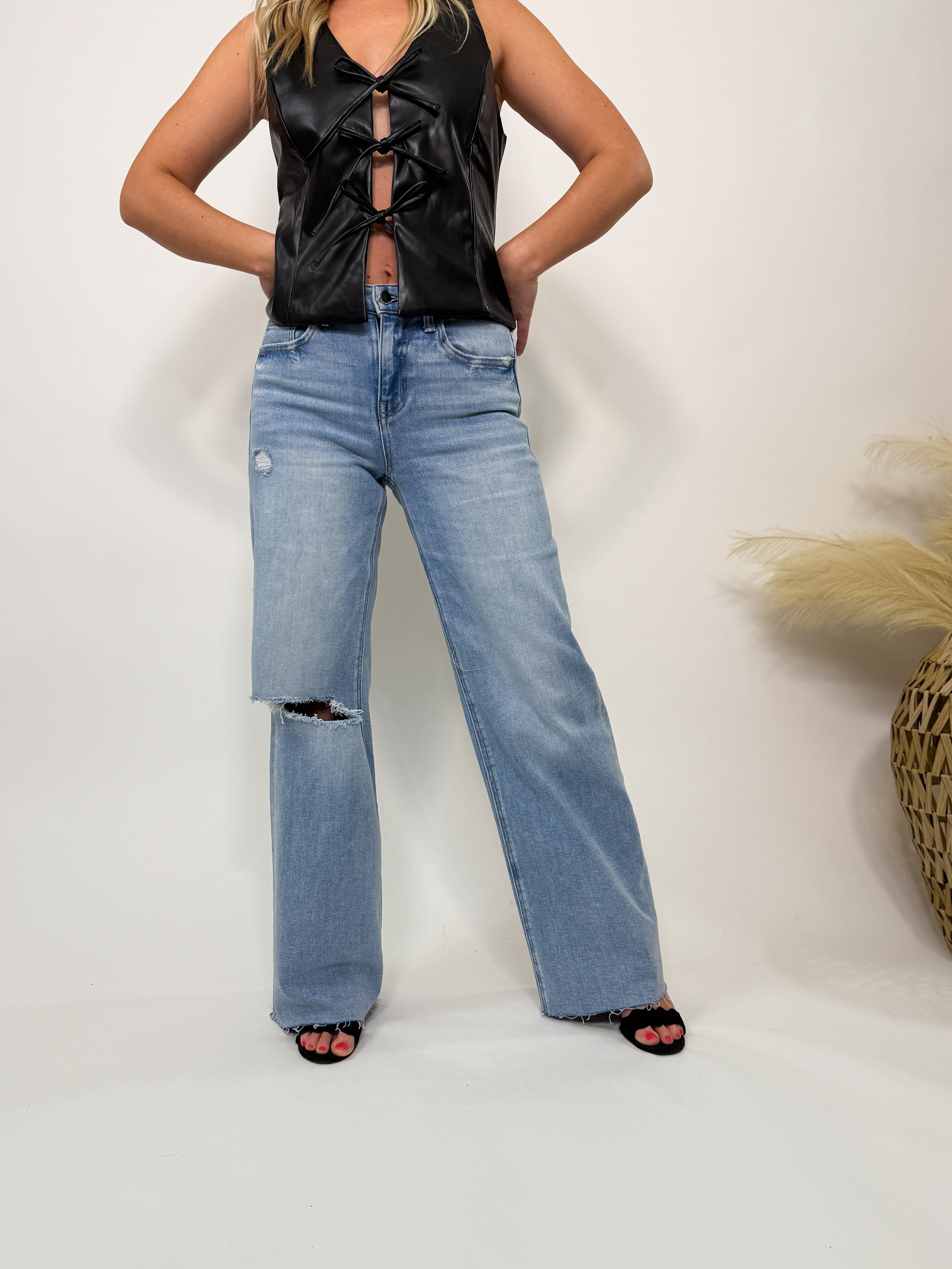 Wide Leg Comfort Stretch Distressed Jeans Love Talk by Flying Monkey