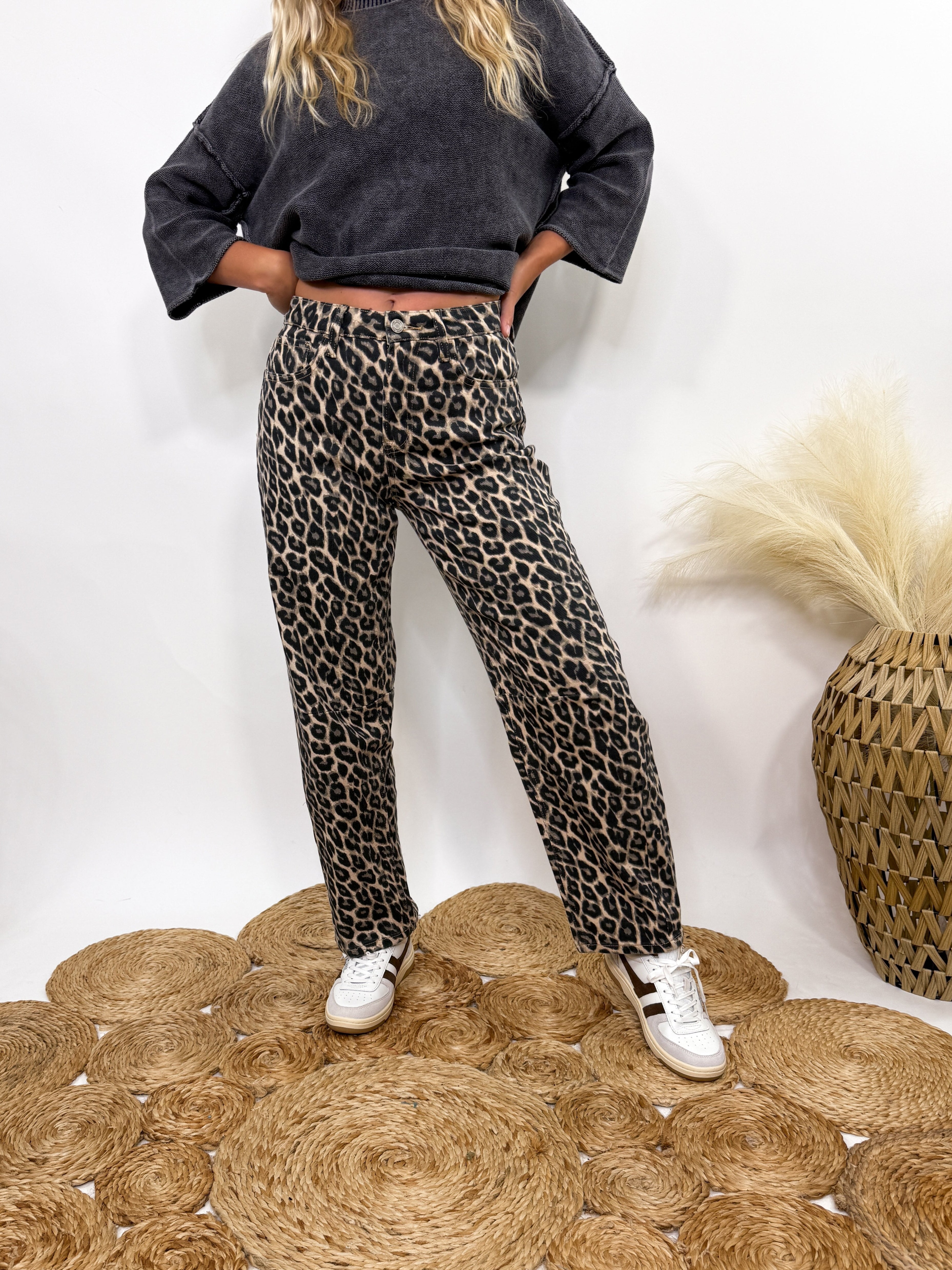 PRE-ORDER Leopard Print Barrel Jeans by Vervet by Flying Monkey