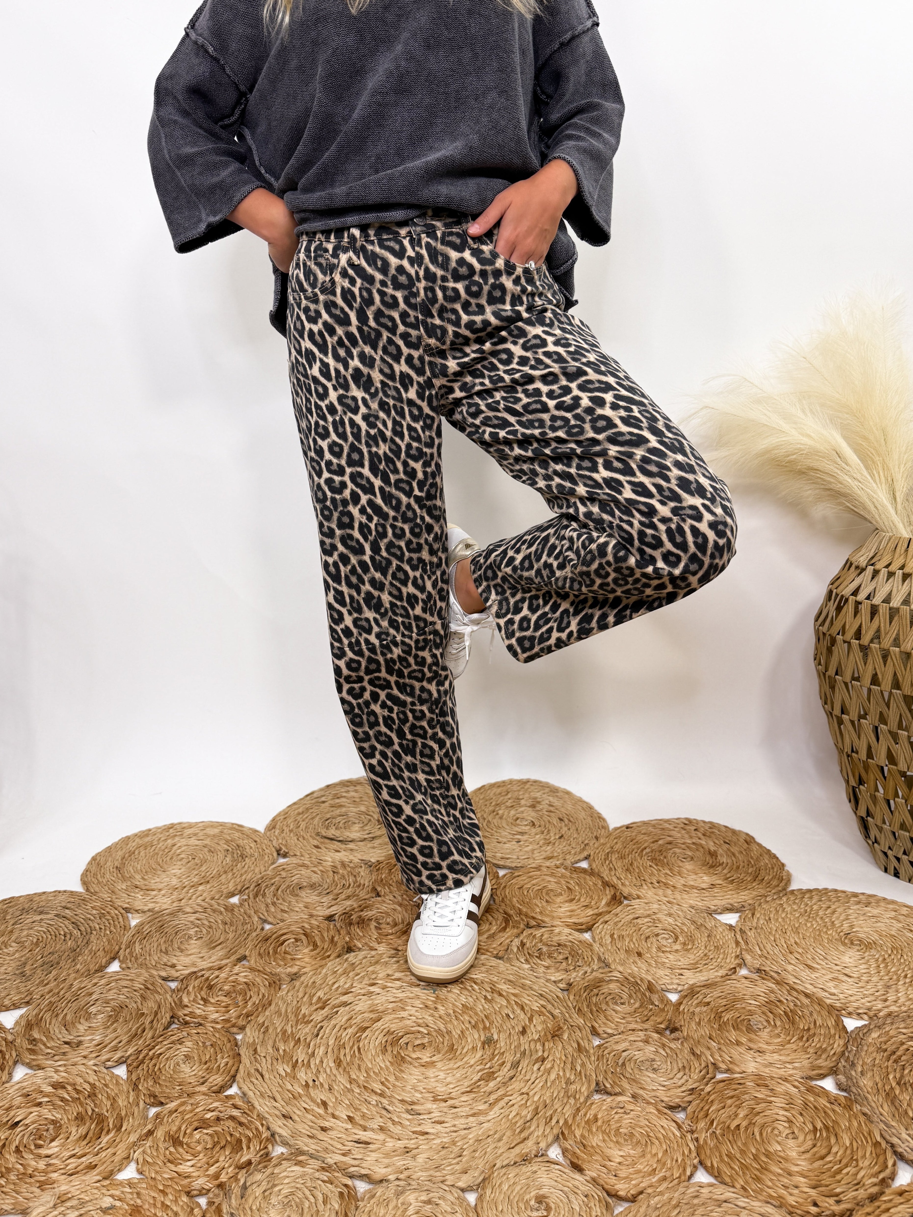 PRE-ORDER Leopard Print Barrel Jeans by Vervet by Flying Monkey