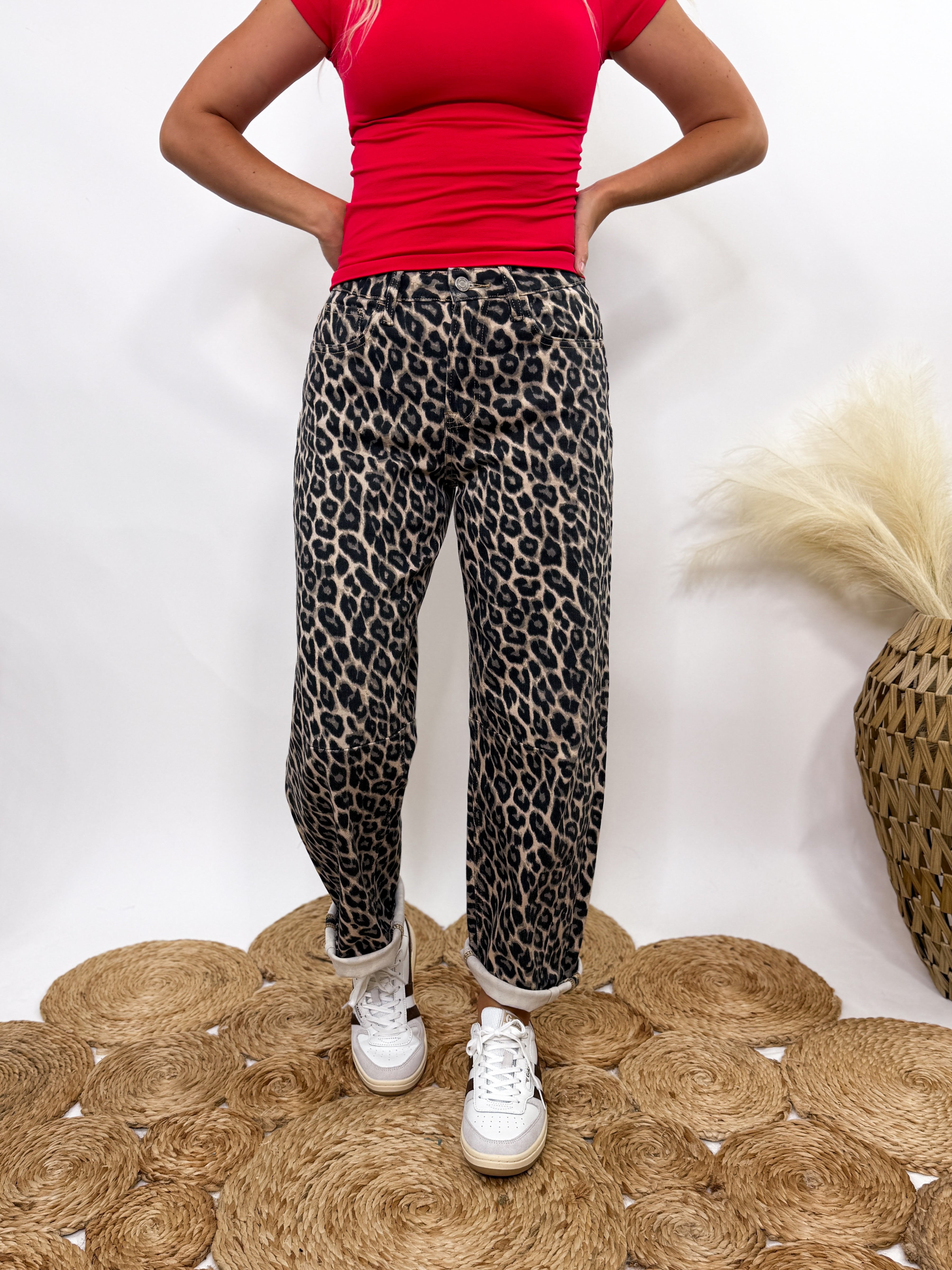 PRE-ORDER Leopard Print Barrel Jeans by Vervet by Flying Monkey