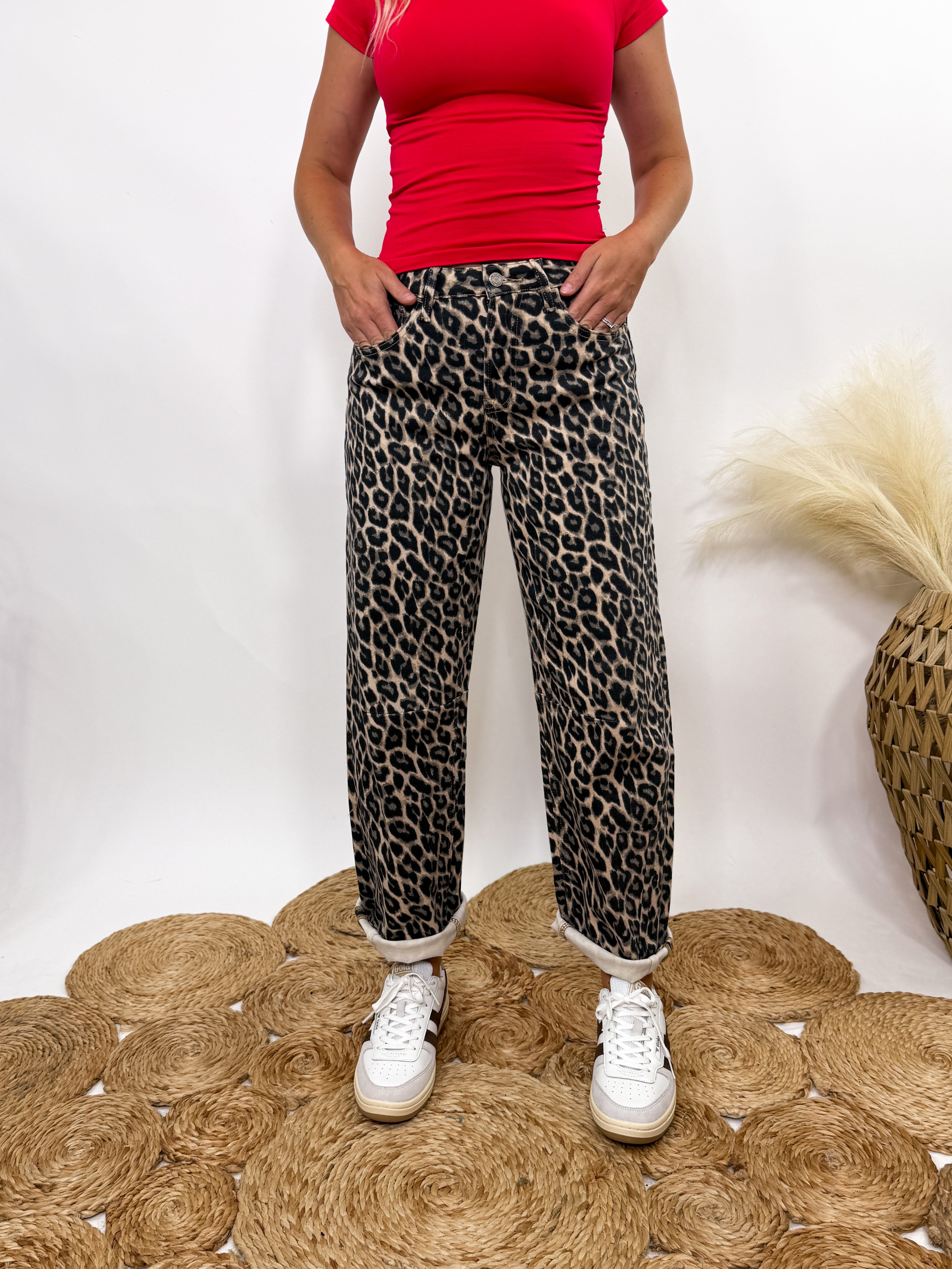 PRE-ORDER Leopard Print Barrel Jeans by Vervet by Flying Monkey