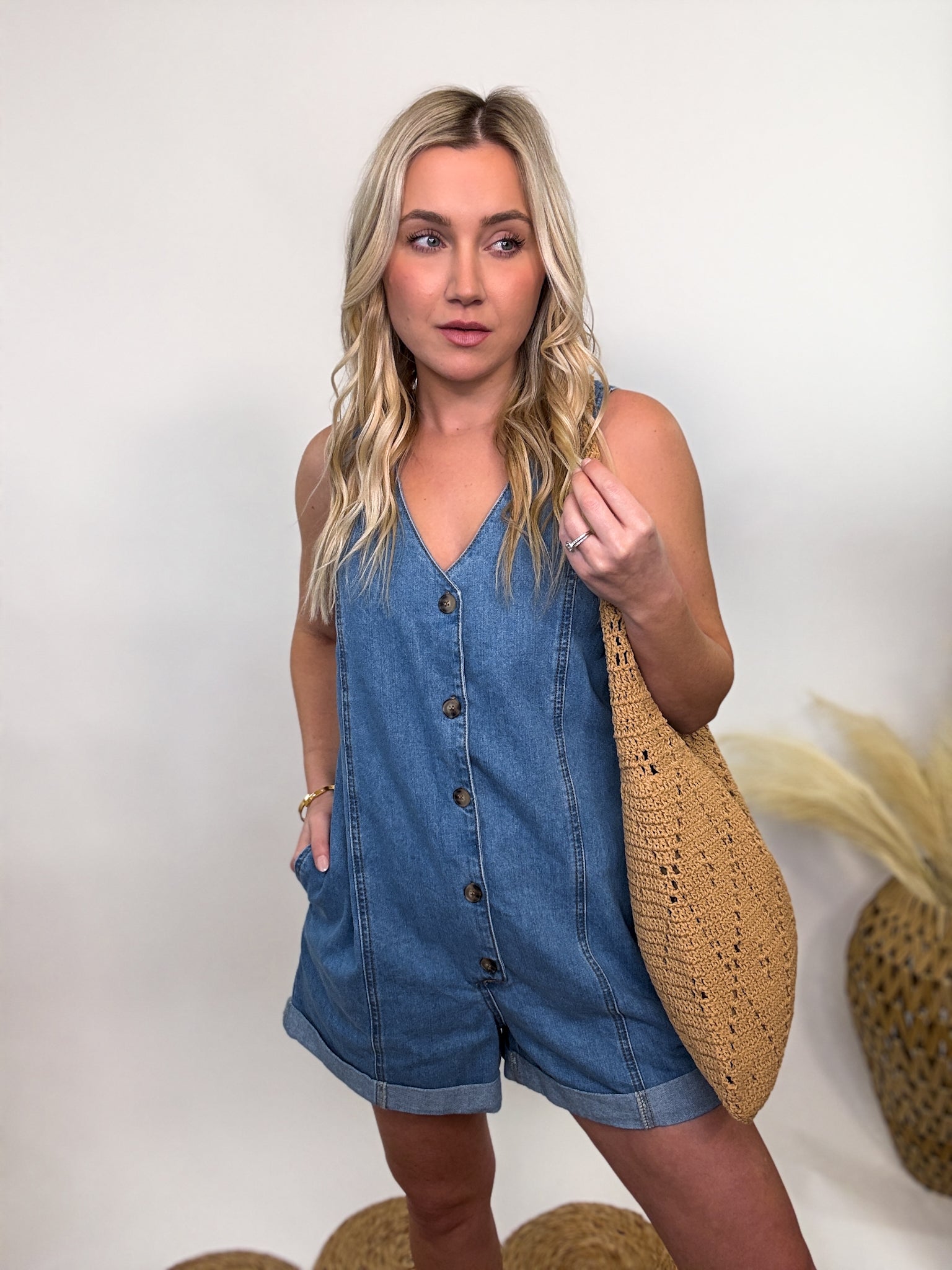 Sleeveless Button Down Denim Romper
