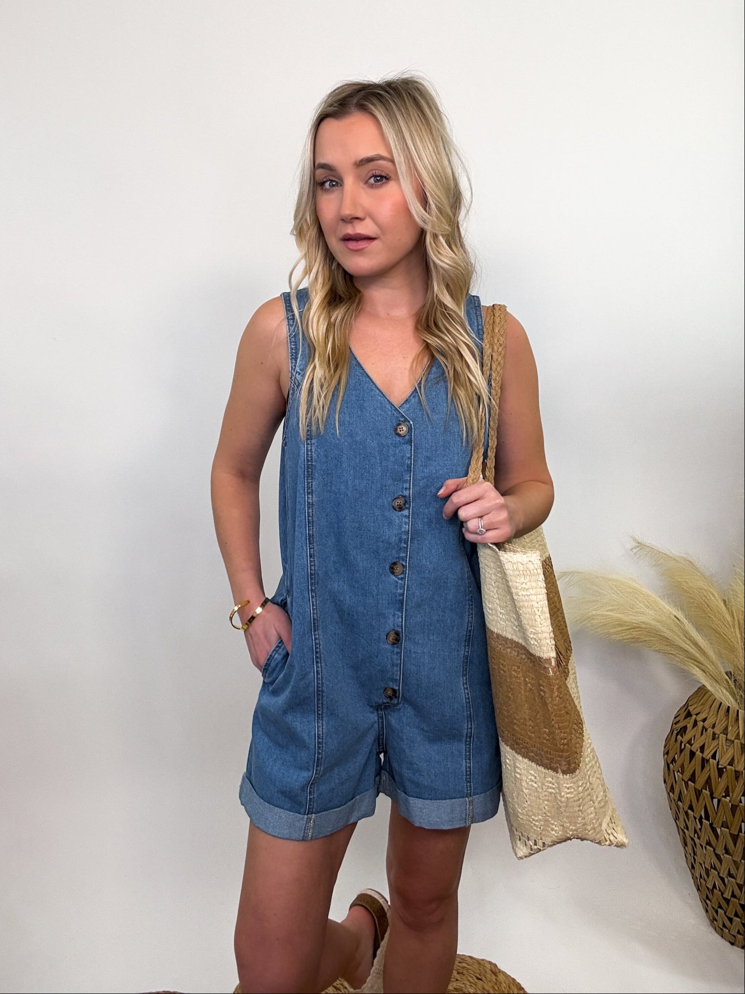 Sleeveless Button Down Denim Romper