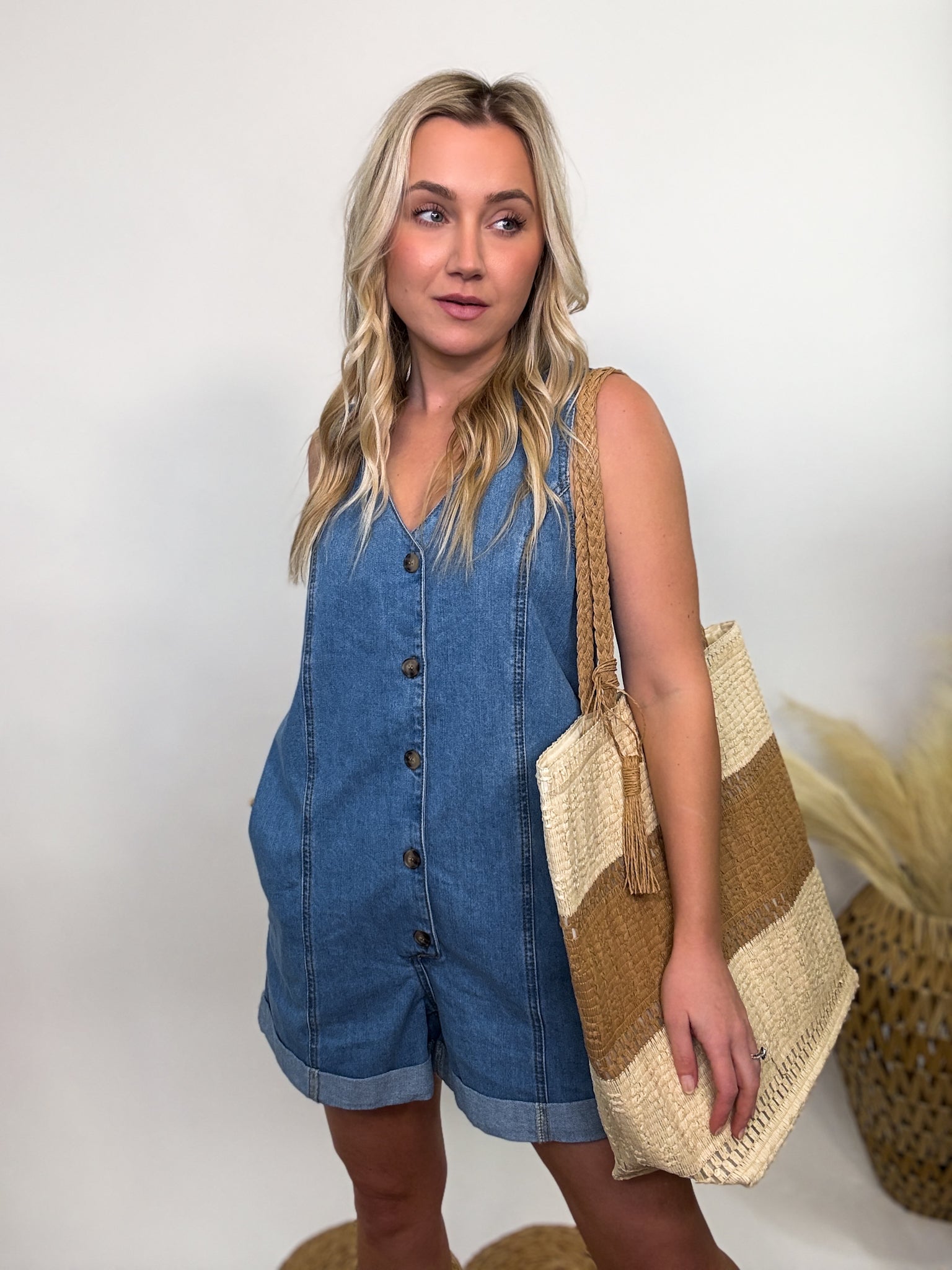 Sleeveless Button Down Denim Romper