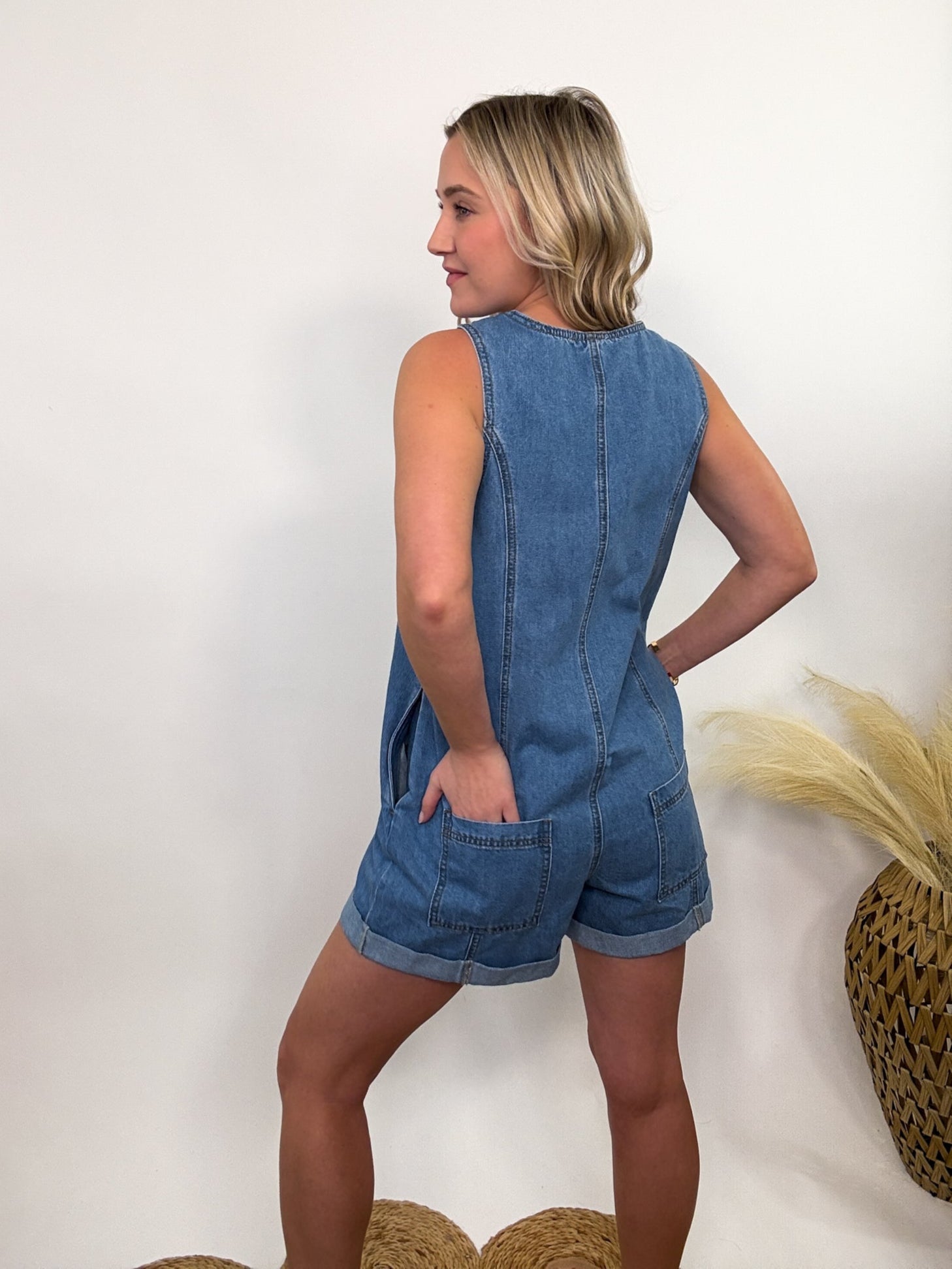 Sleeveless Button Down Denim Romper