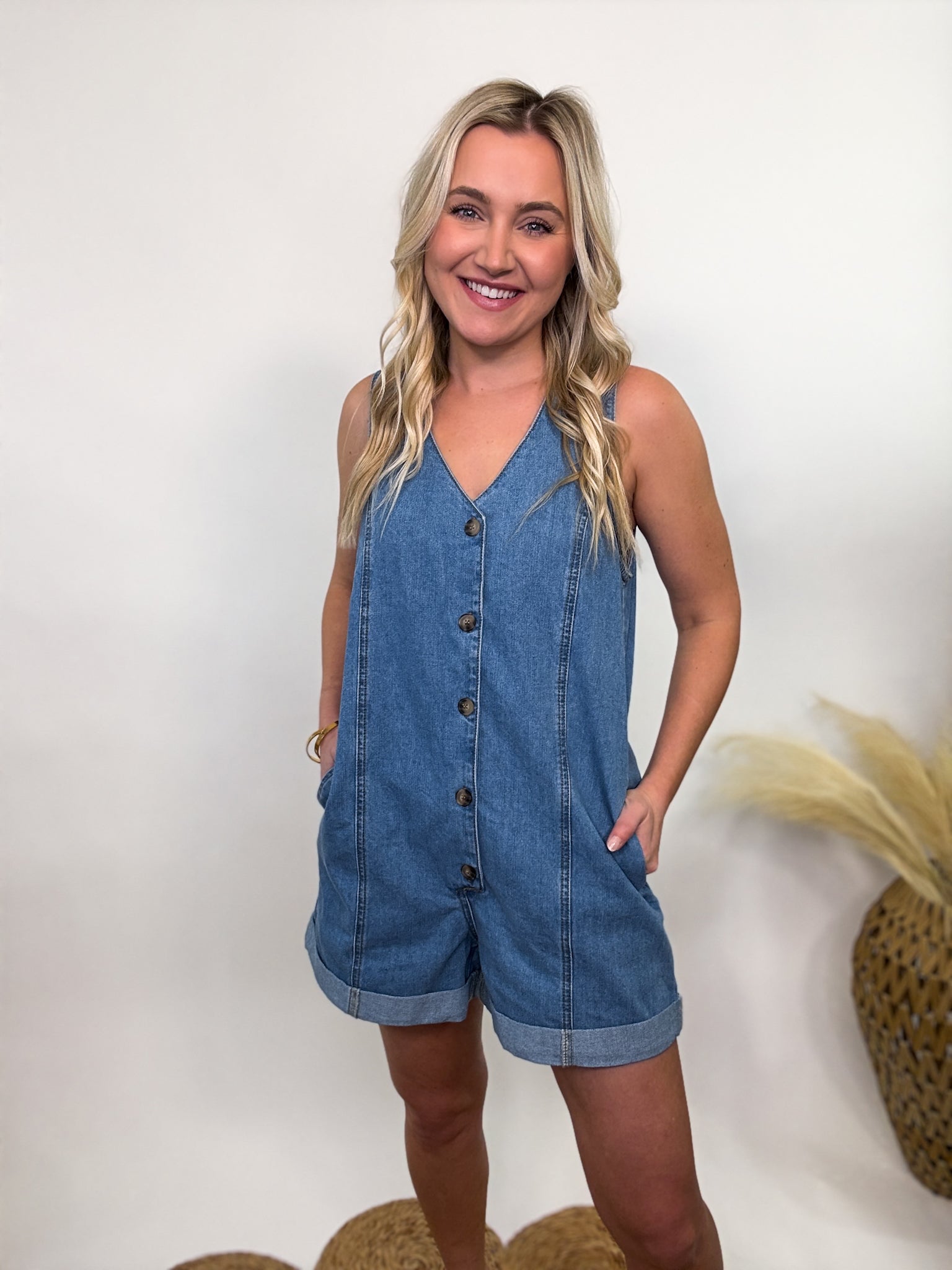 Sleeveless Button Down Denim Romper