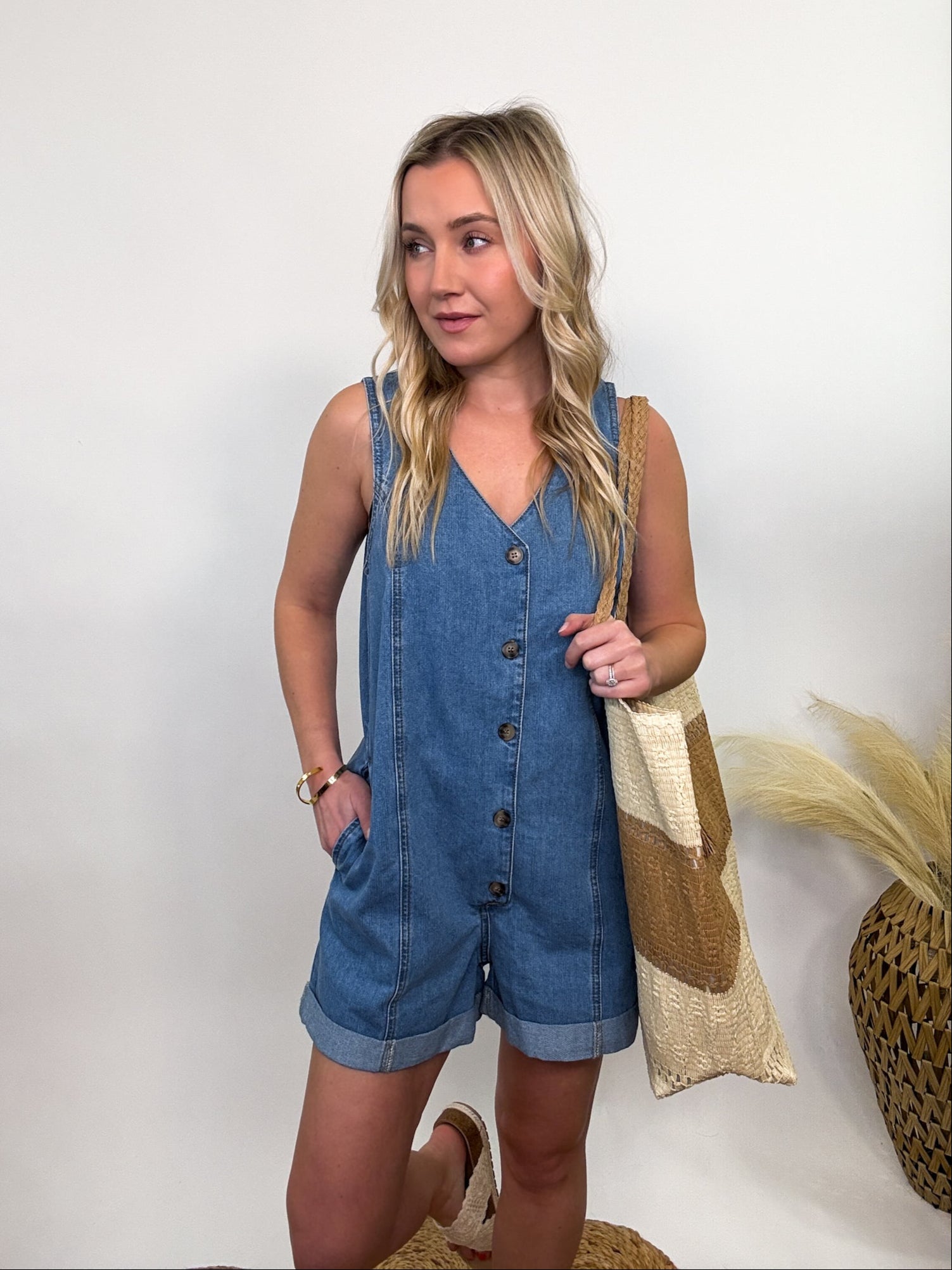 Sleeveless Button Down Denim Romper