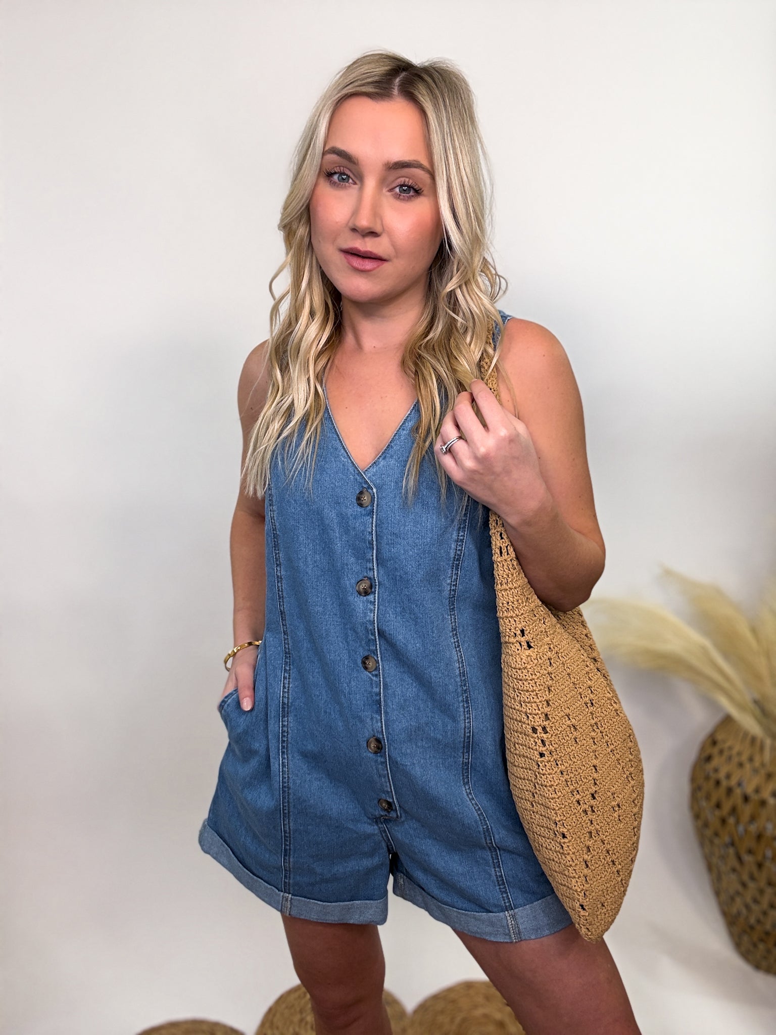 Sleeveless Button Down Denim Romper