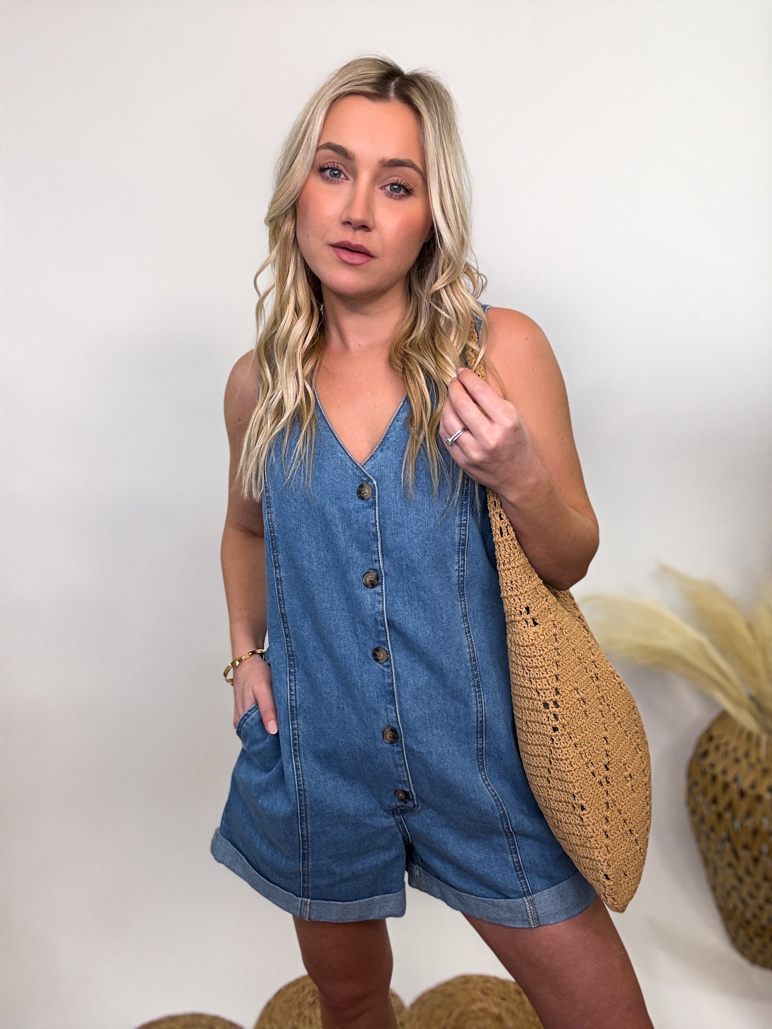 Sleeveless Button Down Denim Romper