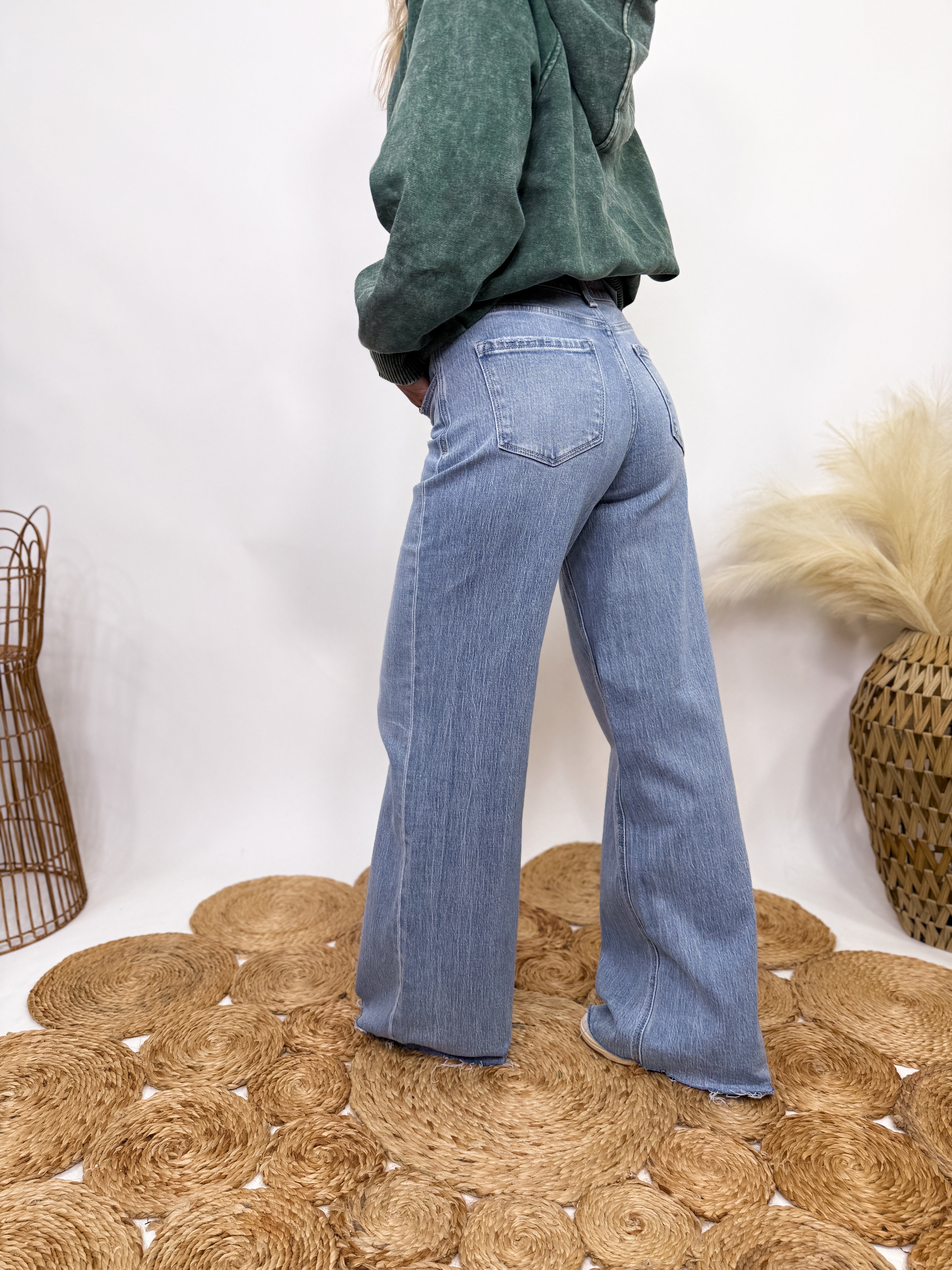 Poprock Raw Hem Clean Cut Wide Leg Comfort Stretch Jeans by Vervet by Flying Monkey