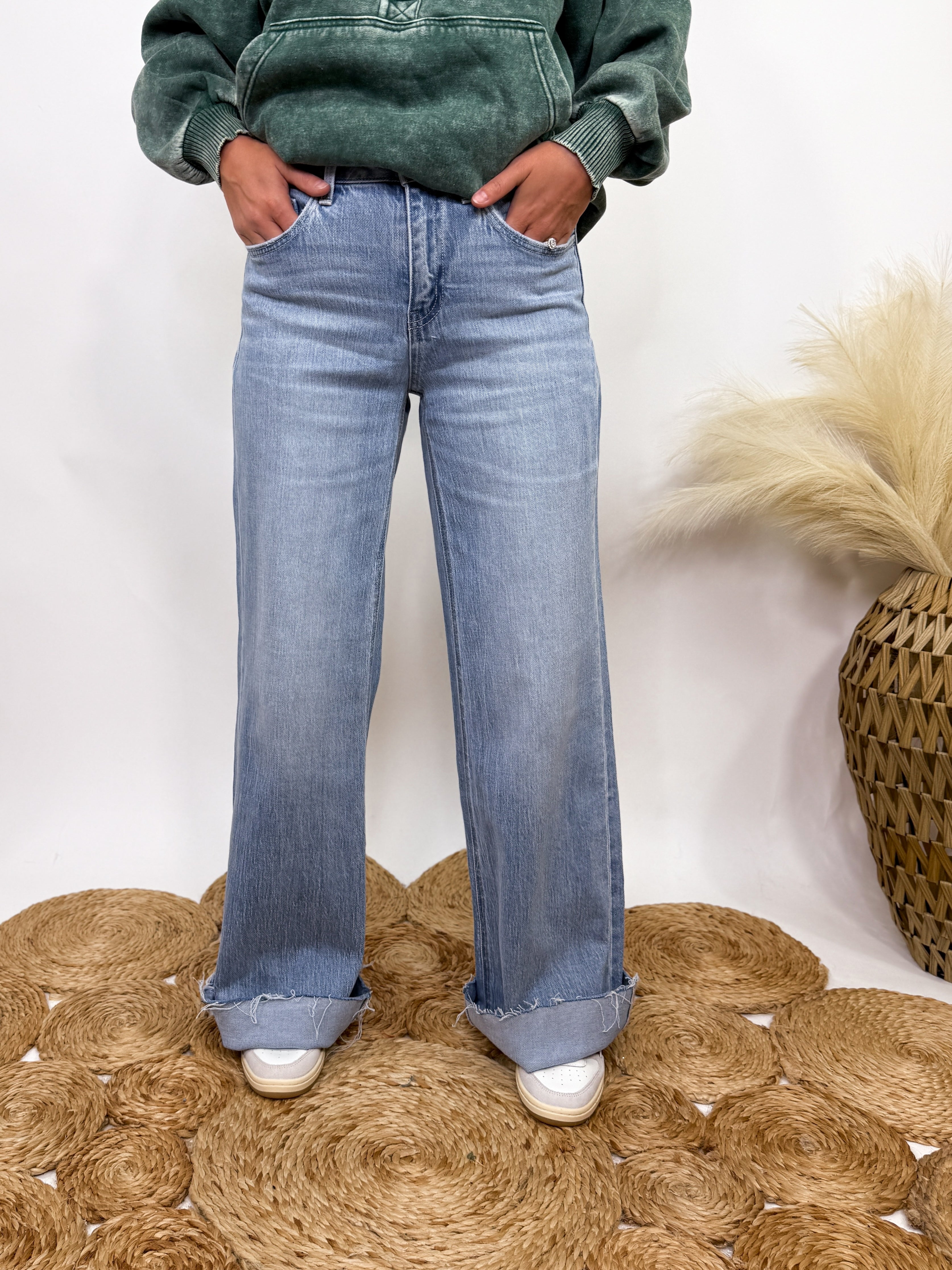 Poprock Raw Hem Clean Cut Wide Leg Comfort Stretch Jeans by Vervet by Flying Monkey