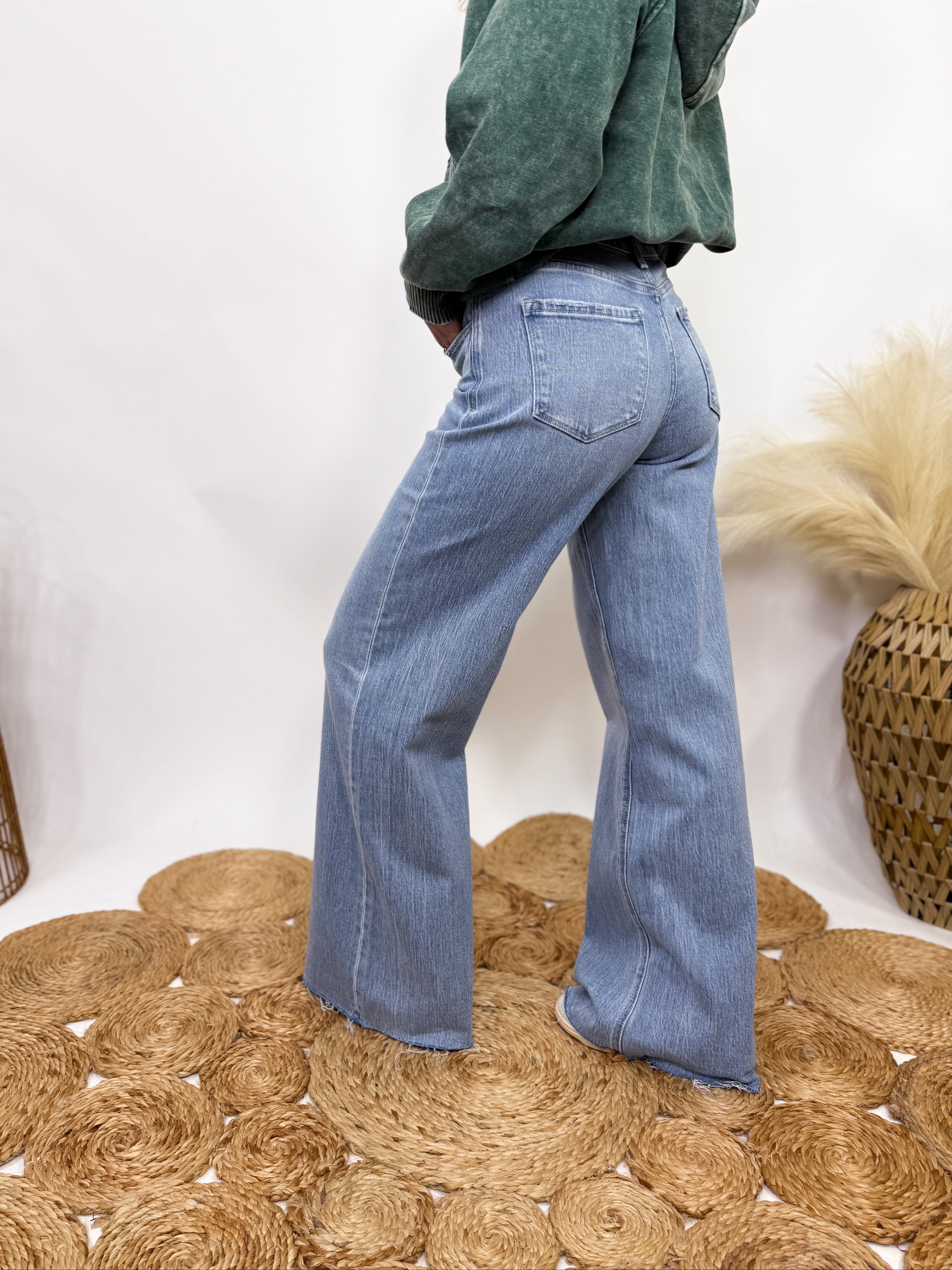 Poprock Raw Hem Clean Cut Wide Leg Comfort Stretch Jeans by Vervet by Flying Monkey