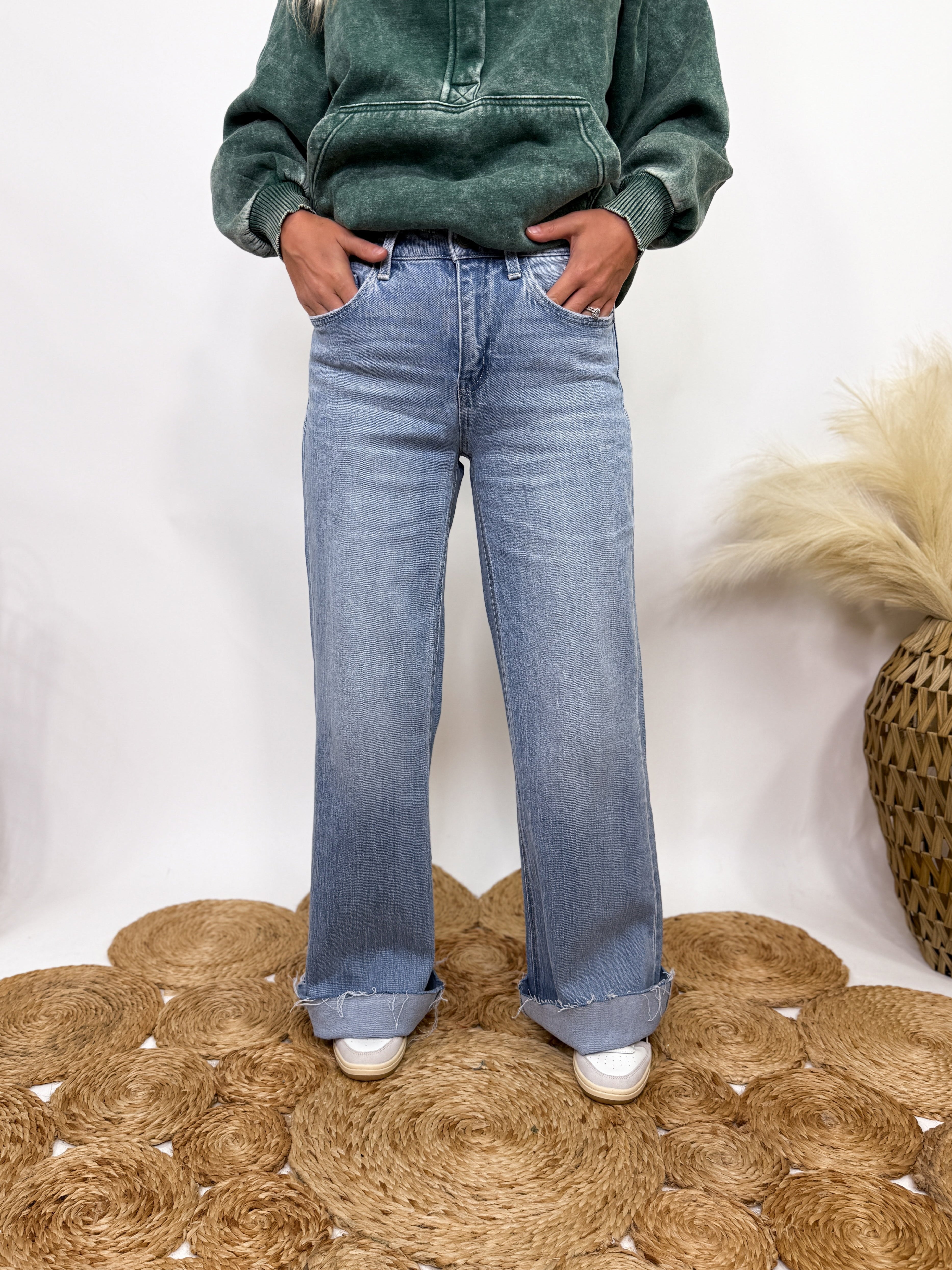 Poprock Raw Hem Clean Cut Wide Leg Comfort Stretch Jeans by Vervet by Flying Monkey