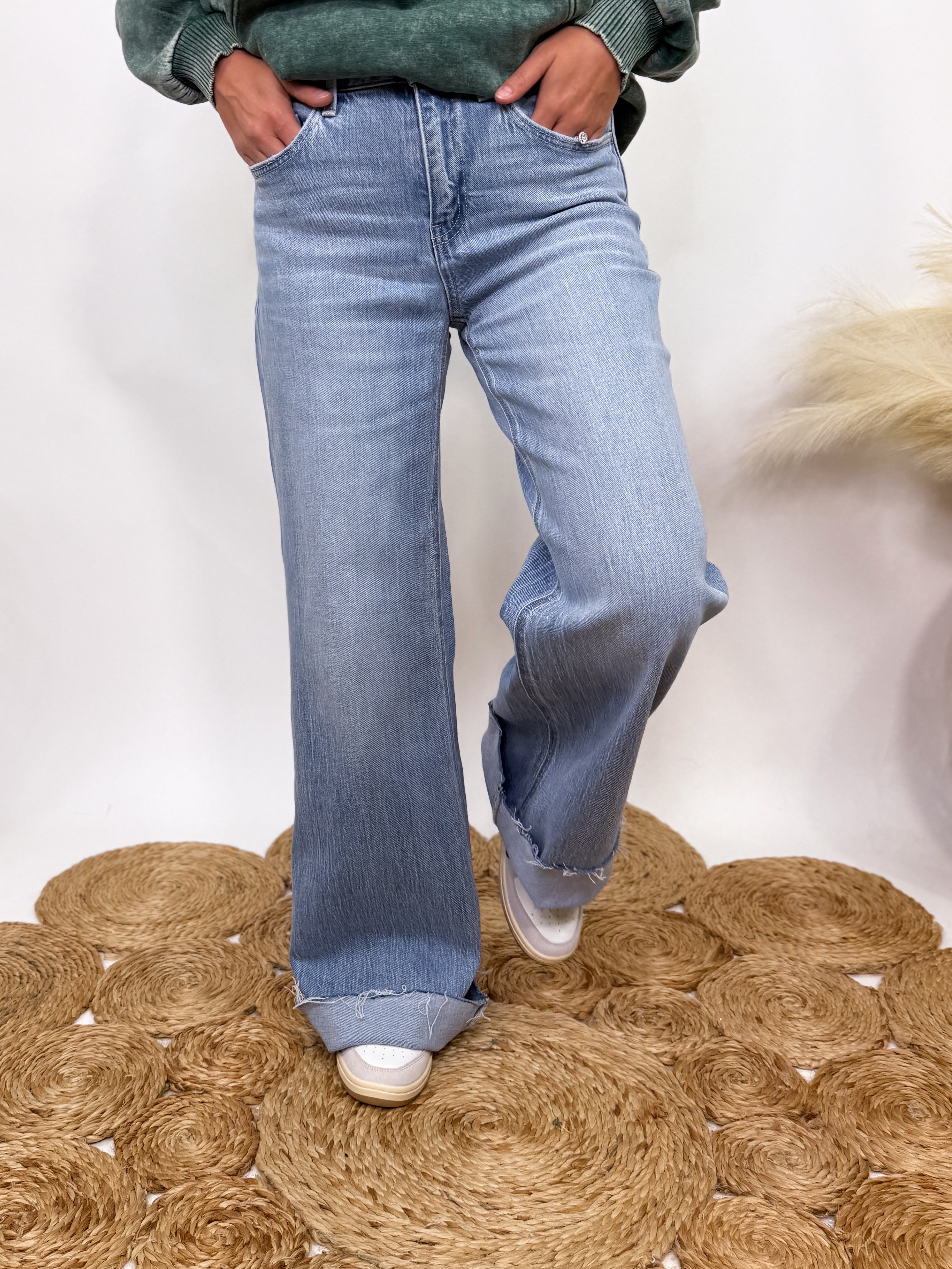 Poprock Raw Hem Clean Cut Wide Leg Comfort Stretch Jeans by Vervet by Flying Monkey