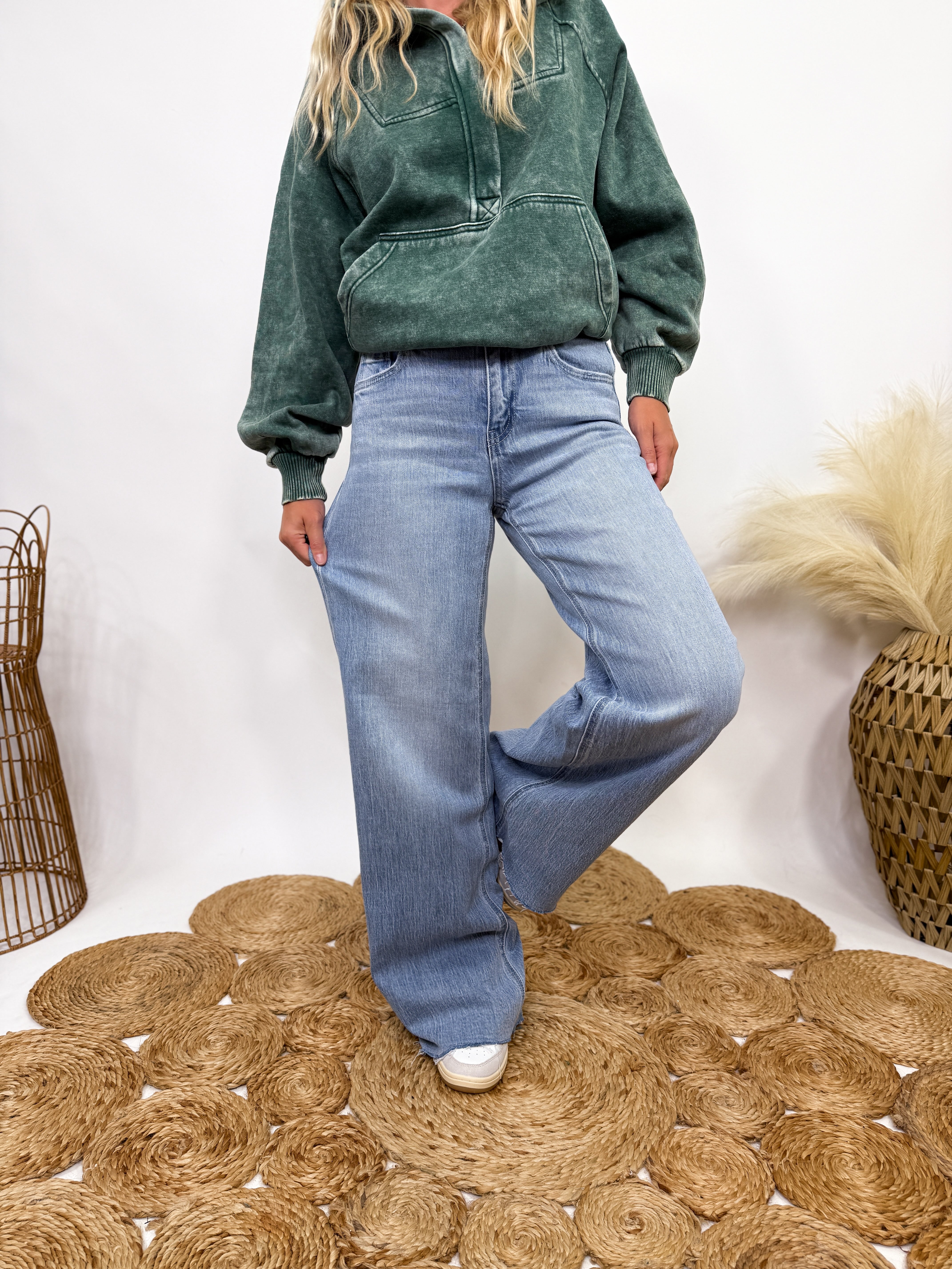 Poprock Raw Hem Clean Cut Wide Leg Comfort Stretch Jeans by Vervet by Flying Monkey